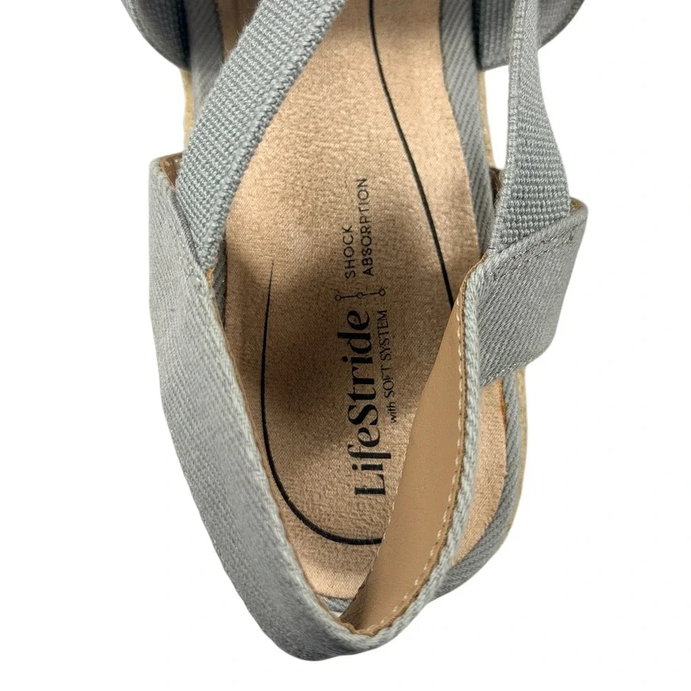 LifeStride Kimmy Grey Fabric Espadrille Wedge Sandals Womens 7W Round Toe Casual